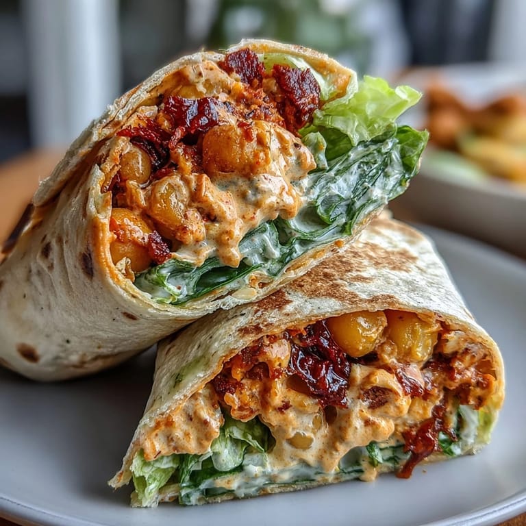 Colorful buffalo chickpea salad wraps loaded with mashed chickpeas, crunchy vegetables, and tangy buffalo sauce, perfect for quick lunches.