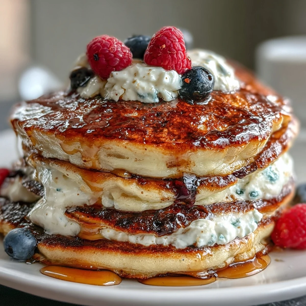 A stack of berry protein pancakes served with a side of fresh fruit.