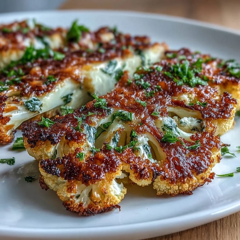 Golden-brown cauliflower steaks roasted until crisp, sprinkled with Parmesan and fresh parsley for a keto-friendly meal.