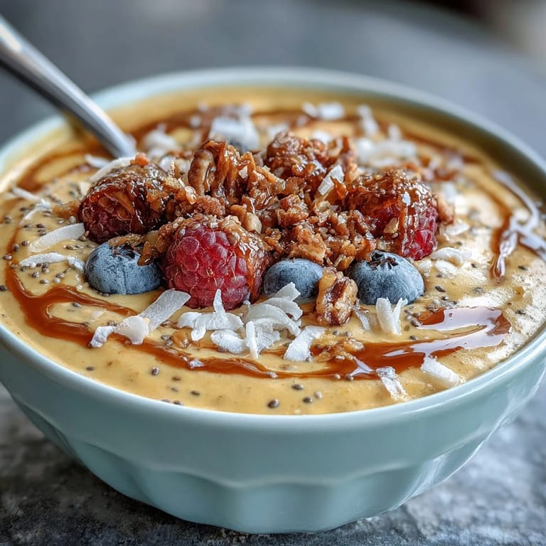 Rich, spiced overnight oats blended with turmeric and ginger, garnished with chia seeds and sliced banana.