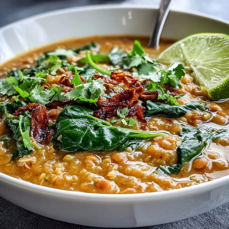 Rich and comforting vegan coconut lentil dahl with spinach, served hot with lime wedges for a zesty, nourishing meal.