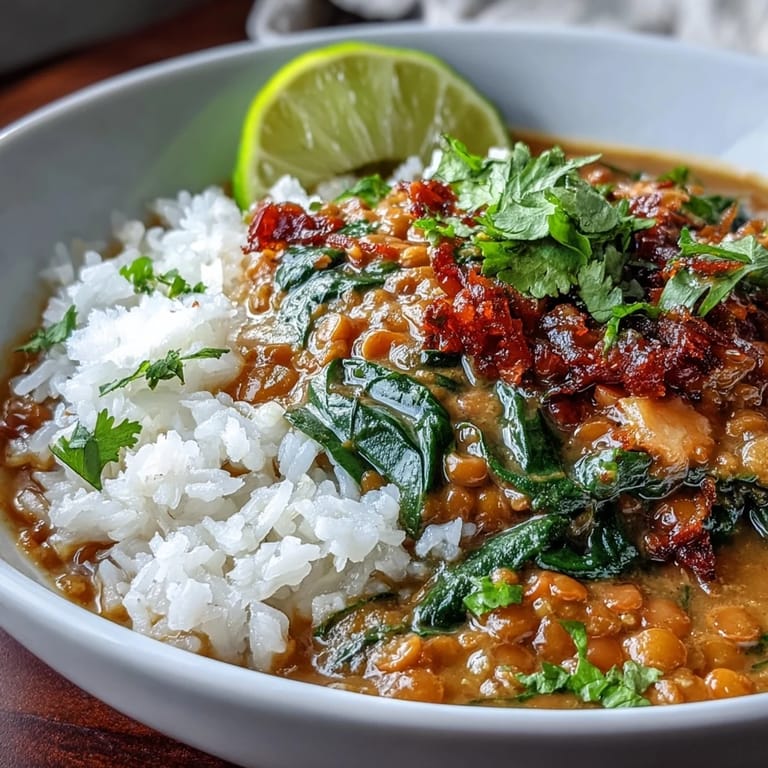 Aromatic one-pot coconut lentil dahl with tender spinach, garnished with lime slices and chopped cilantro for a vibrant finish.  