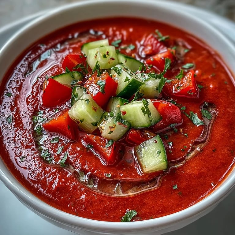 Cool and refreshing Slim Summer Gazpacho with crisp cucumber, juicy tomatoes, and colorful bell peppers, perfect for hot summer days.  