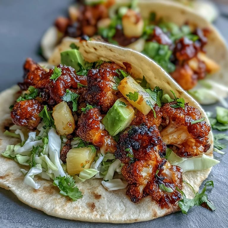 Crispy roasted cauliflower tossed in tangy BBQ sauce, layered in tacos with fresh pineapple salsa.