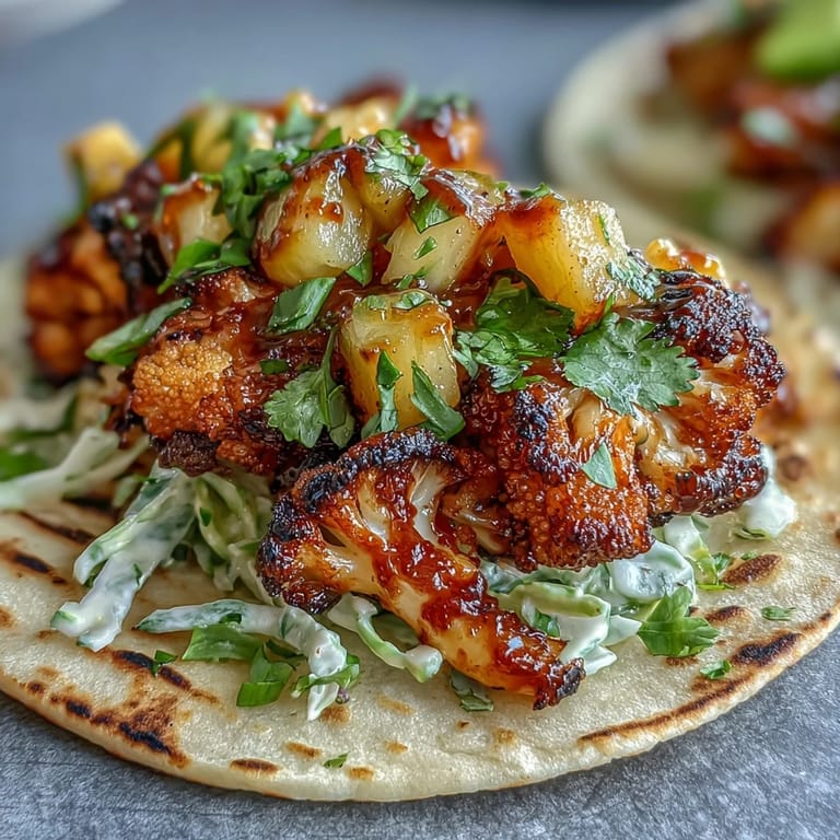 Vegan BBQ cauliflower tacos featuring sweet pineapple salsa, creamy avocado, and crunchy cabbage slaw.