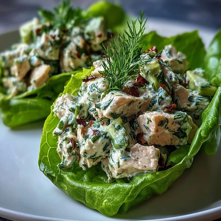 Creamy avocado chicken salad with fresh dill and parsley, spooned into butter lettuce leaves for a refreshing gluten-free meal.