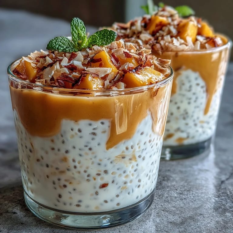 Chilled mango sago-inspired chia pudding cups with luscious coconut cream and fresh mango garnish, perfect for a refreshing plant-based dessert.