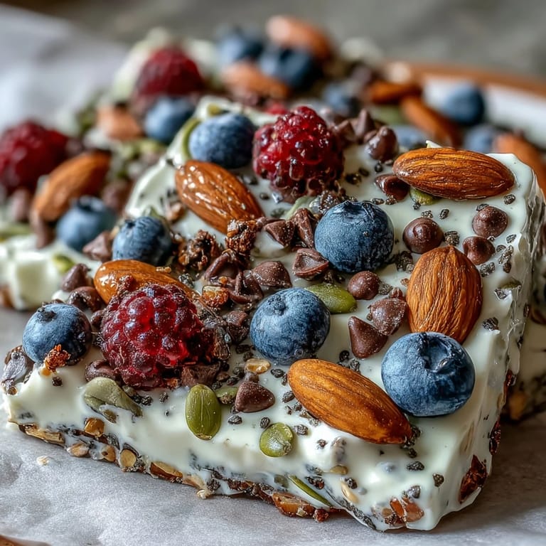 Greek yogurt breakfast bark with vibrant berries and seeds, a refreshing frozen treat packed with protein and healthy nutrients.