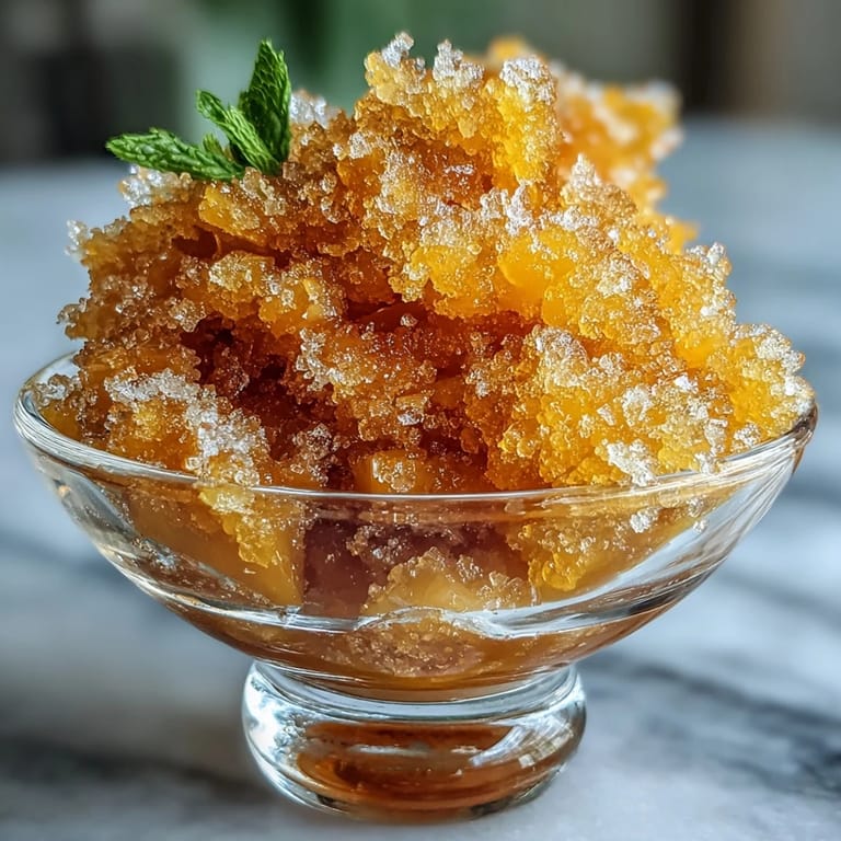 Fluffy mango granita served in chilled glasses, showcasing bright orange hues and a light, frosty texture.  