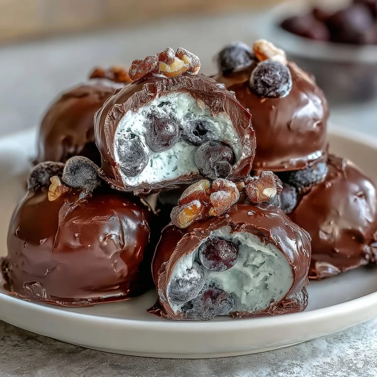 Crunchy walnut blueberry yogurt clusters coated in smooth dark chocolate, a delicious frozen treat.