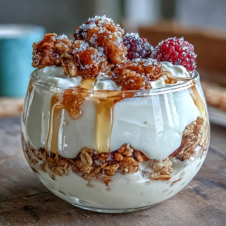 A vibrant parfait featuring tangy yogurt, golden granola, and a decadent salted honey drizzle, perfect for breakfast or dessert.