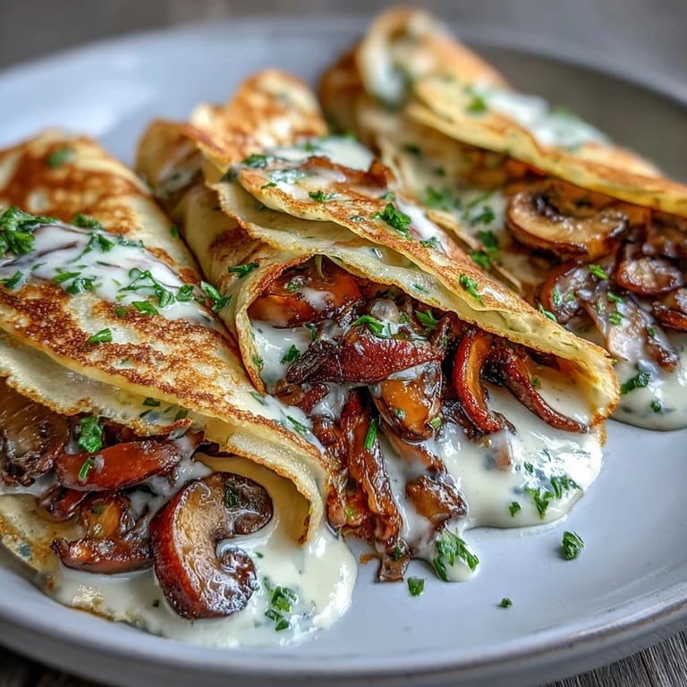 Savory wild mushroom and herb crepe filling, sautéed to golden perfection and served with a sprinkle of Gruyère cheese.  