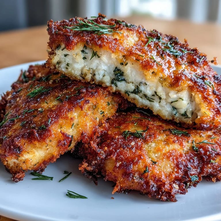 Savory dill pickle-marinated chicken cutlets, breaded in Parmesan and breadcrumbs, golden and crispy on a rustic wooden board.