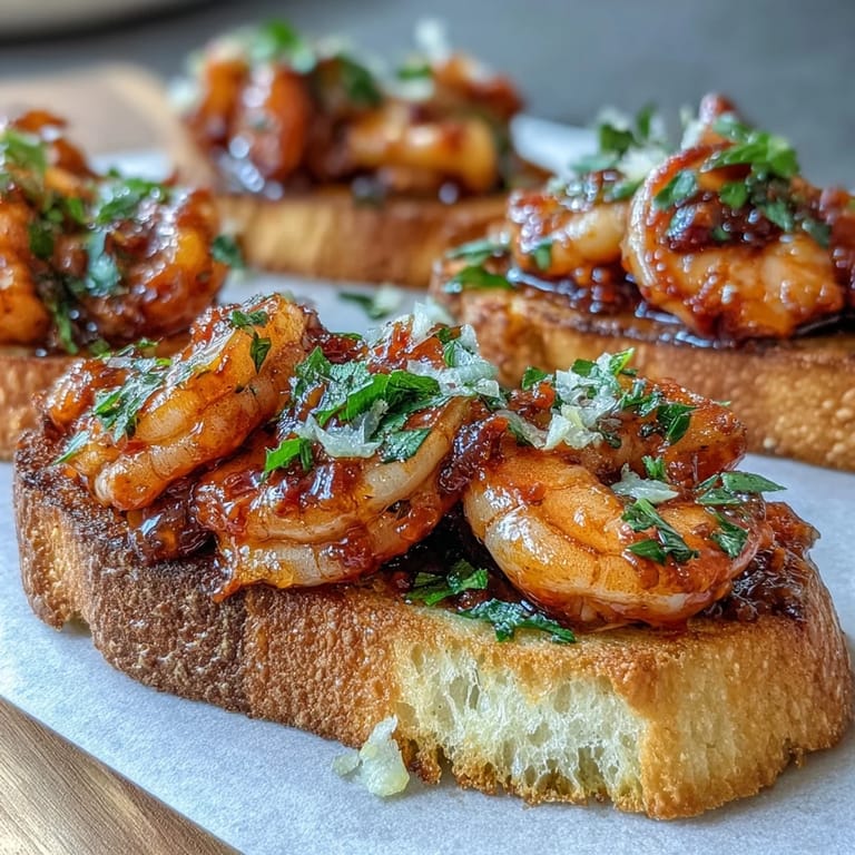 Crispy bread slices topped with sautéed shrimp in spicy Calabrian chili oil, garnished with parsley for a vibrant Italian-inspired dish.