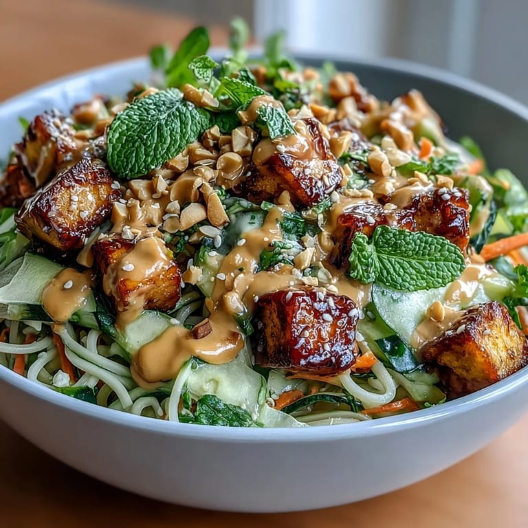 Deconstructed spring roll bowl with tofu, colorful veggies, and rich peanut sauce—easy to assemble and bursting with Asian flavors.  