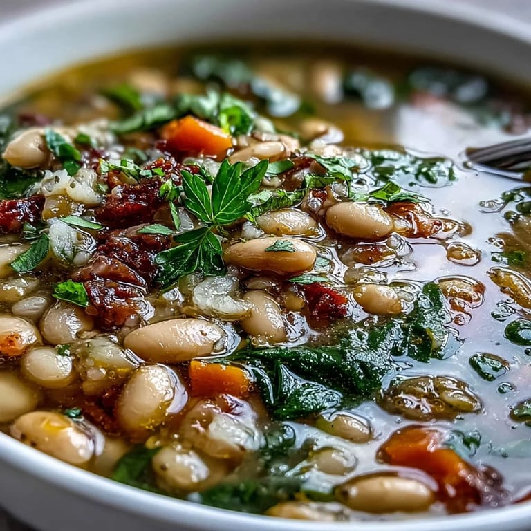 Creamy cannellini bean soup with diced vegetables, aromatic herbs, and crisp garlic bread, perfect for a cozy meal.
