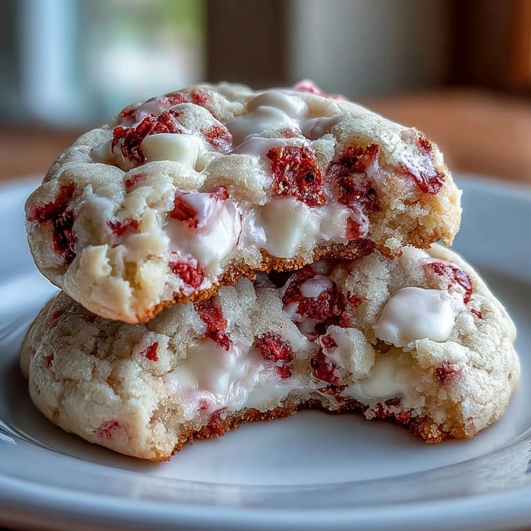 Chewy cookies packed with freeze-dried strawberries and melted white chocolate chips, perfect for Valentine's Day.  