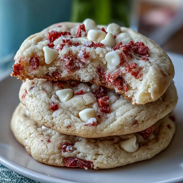Close-up of Valentine's strawberry white chocolate cookies, showing rich texture and sweet pink hues.
