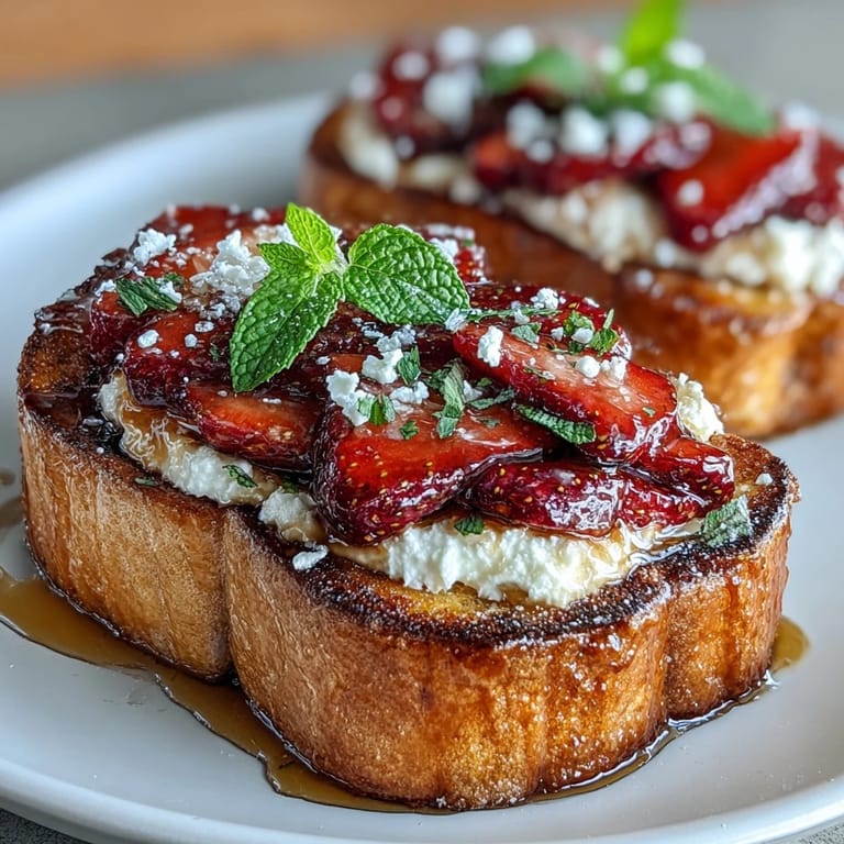 Vibrant strawberry and ricotta toast garnished with lemon zest, honey, and fresh mint, ideal for Galentines or spring gatherings.