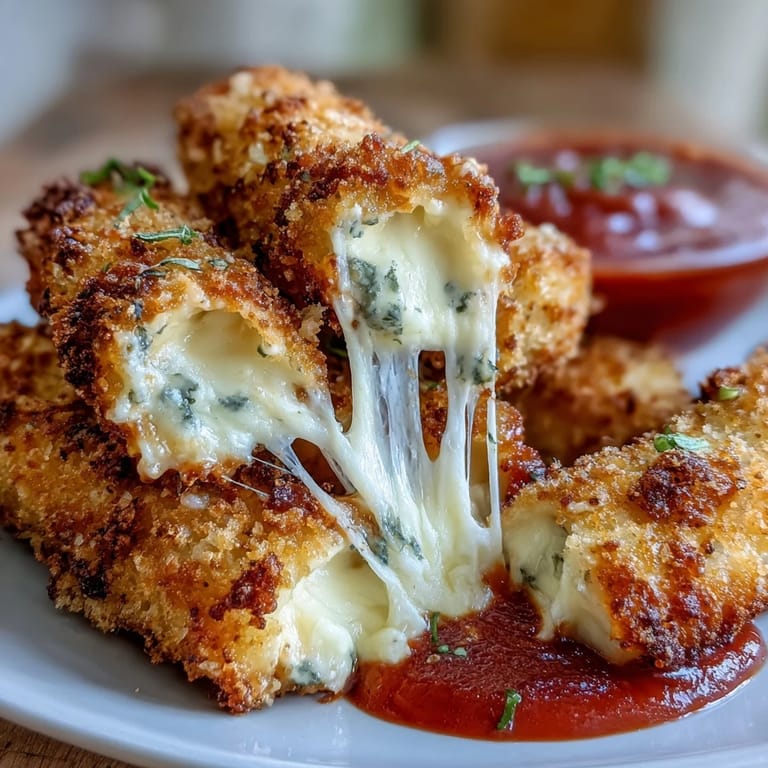 Crunchy, cheesy mozzarella sticks fresh from the air fryer, paired with warm marinara sauce—perfect for game day or casual gatherings.