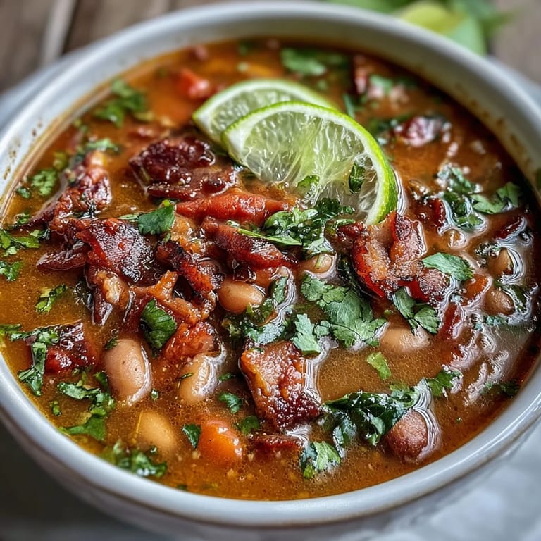 A comforting bowl of Ham and Pinto Bean Soup featuring smoky ham, pinto beans, and colorful diced vegetables simmered to perfection.  