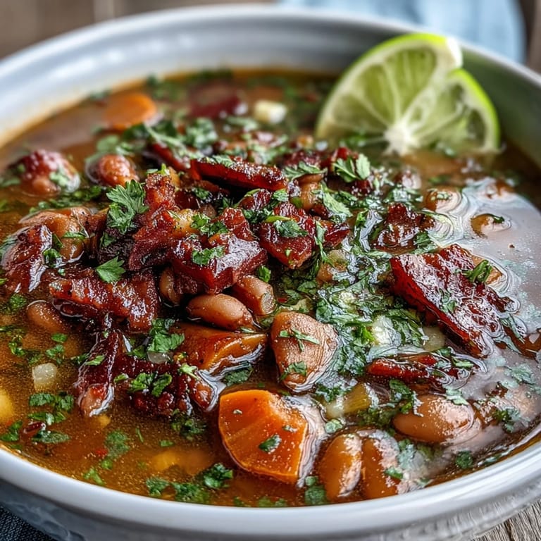 Tex-Mex Ham and Pinto Bean Soup topped with fresh cilantro, avocado, and lime wedges for a zesty, satisfying meal.