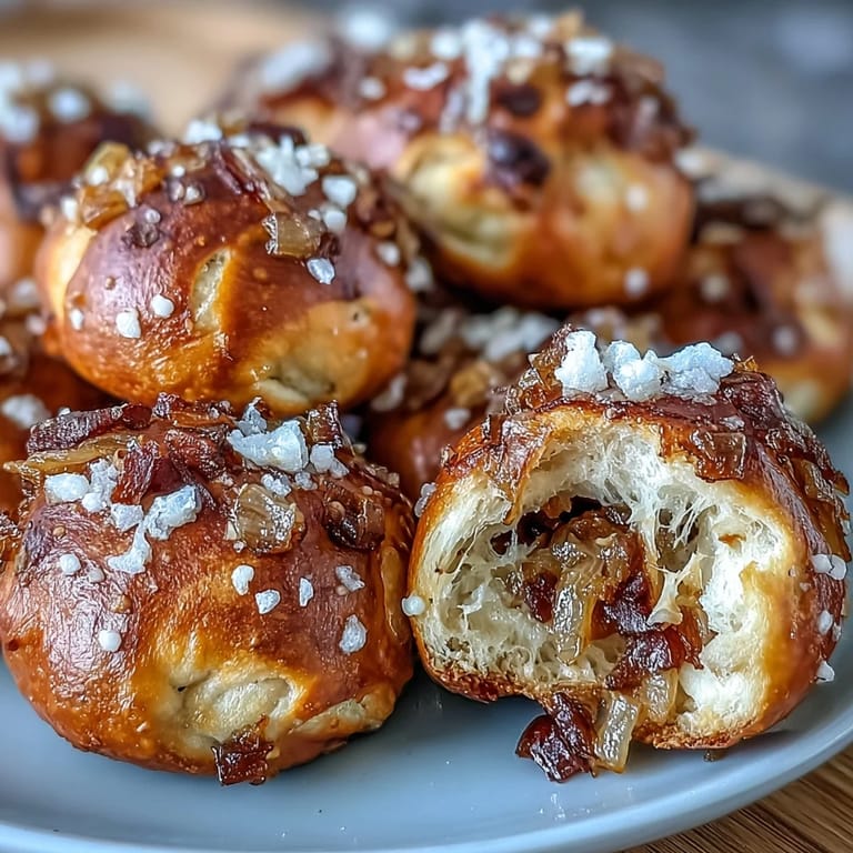 Warm pretzel bites made with sourdough starter and sweet caramelized onions, topped with flaky sea salt.  