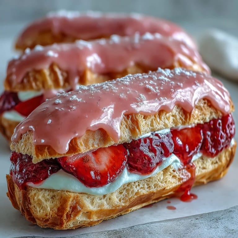 Golden éclairs bursting with strawberry mascarpone cream, finished with a glossy pink glaze—perfect for sharing on Valentine's Day.