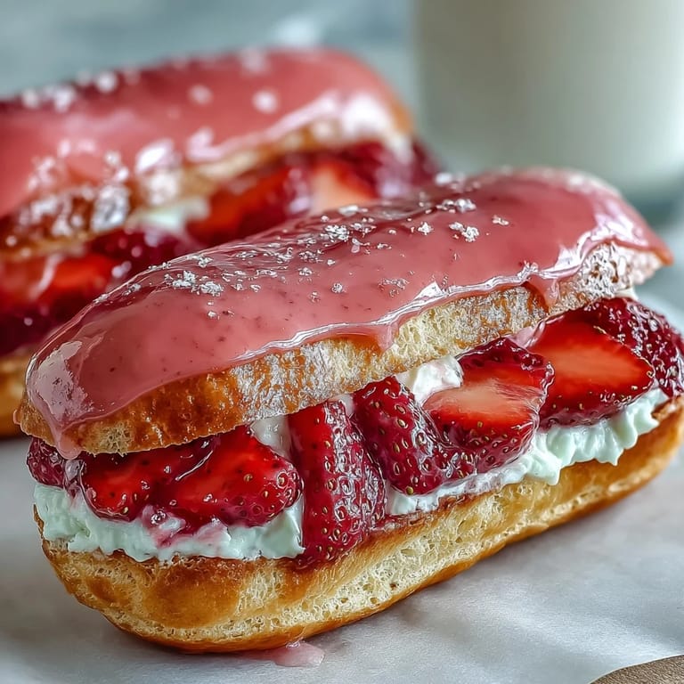 Elegant strawberry éclairs with airy pastry shells, creamy filling, and vibrant glaze—ideal for a special occasion treat.