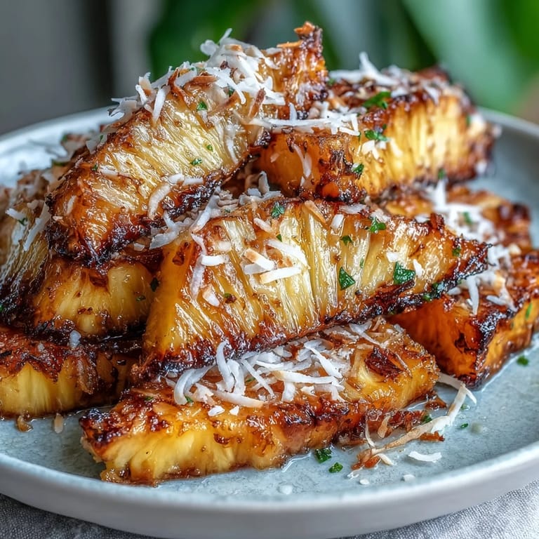 3. Warm roasted pineapple drizzled in honey-lime glaze, sprinkled with fragrant toasted coconut for a sunny dessert.