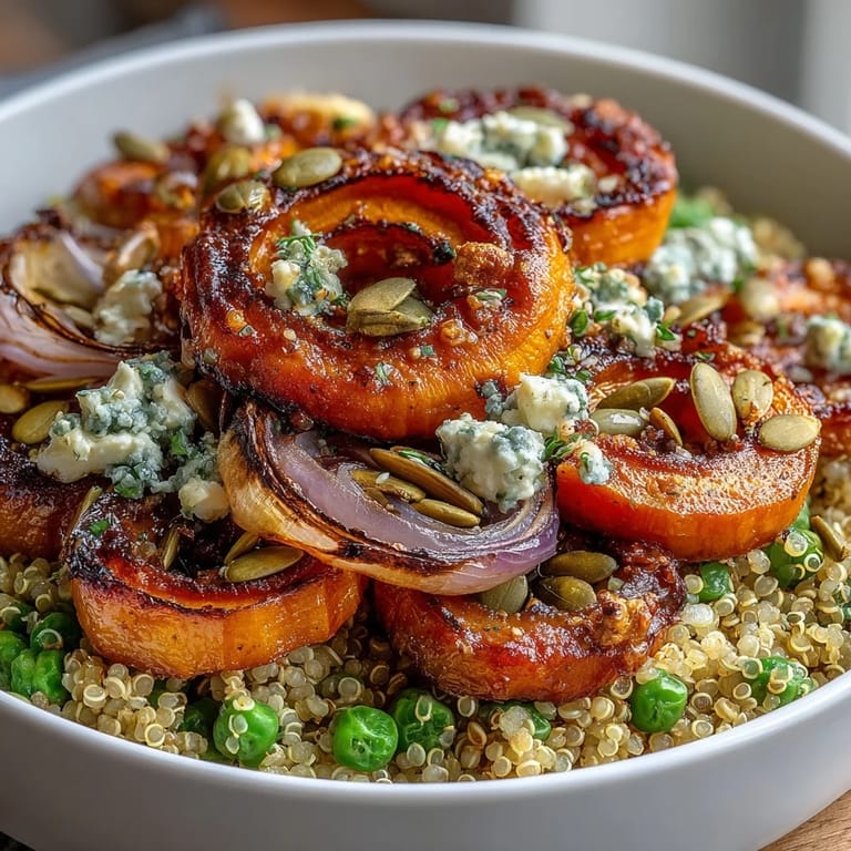 Hearty quinoa bowl with caramelized roasted carrots, green peas, and feta cheese, perfect for a nourishing lunch.