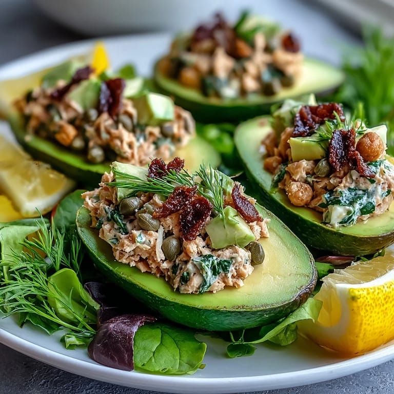 Zesty chickpea mixture spooned into halved avocados, served over mixed greens for a refreshing meal.