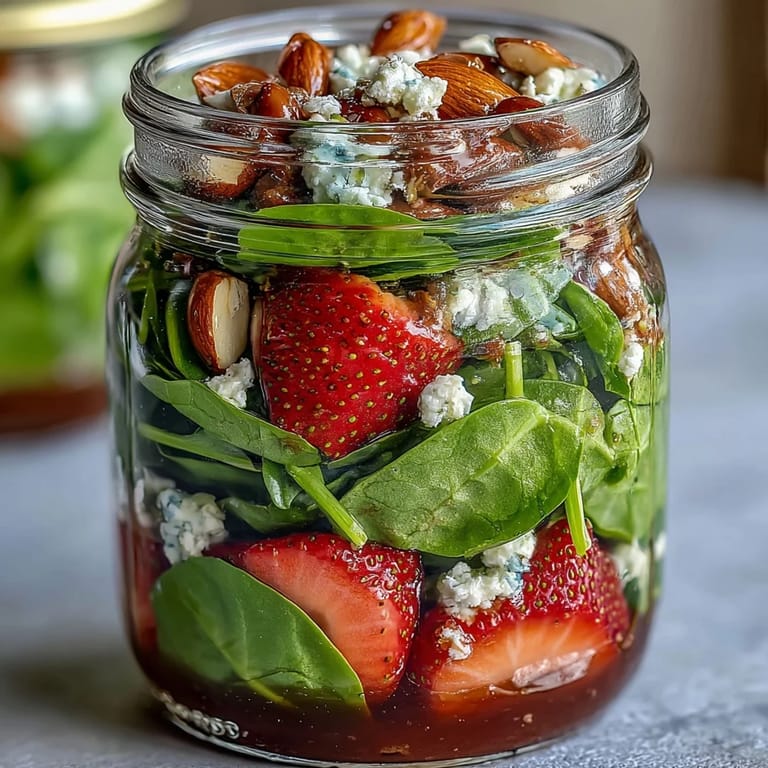 Layered Mason Jar Salad with Spinach, Strawberries, and Balsamic Dressing, ideal for healthy meal prep and on-the-go lunches.