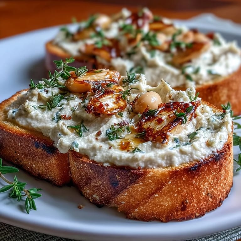 Smooth, savory white bean spread with sweet roasted garlic, served on crispy sourdough toast for a delicious appetizer.