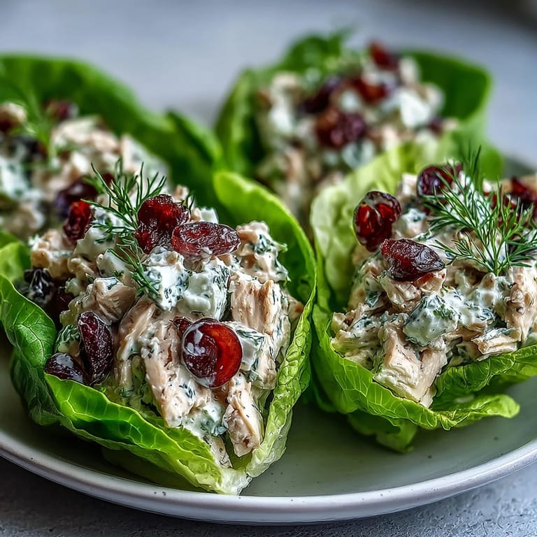 Protein-packed Greek yogurt chicken salad lettuce wraps, garnished with herbs and nuts for added crunch.