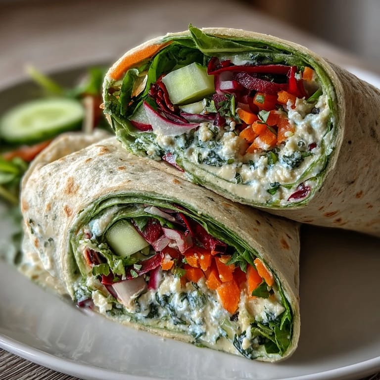 Healthy wraps featuring spring vegetables and hummus, rolled in spinach tortillas for a fresh, colorful meal.