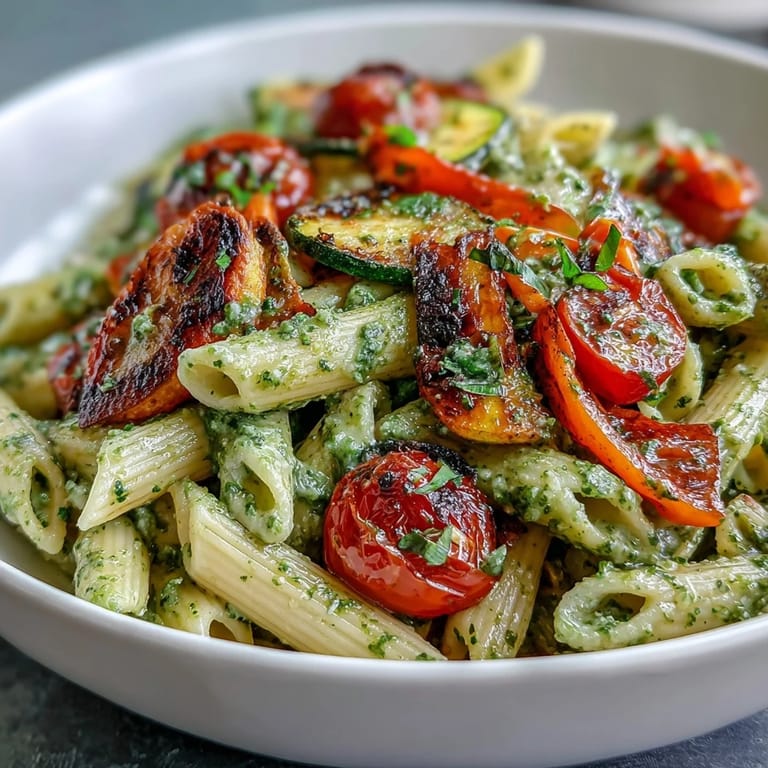 Plated Roasted Veggie and Pesto Pasta with Parmesan, showcasing tender roasted zucchini, peppers, and tomatoes.