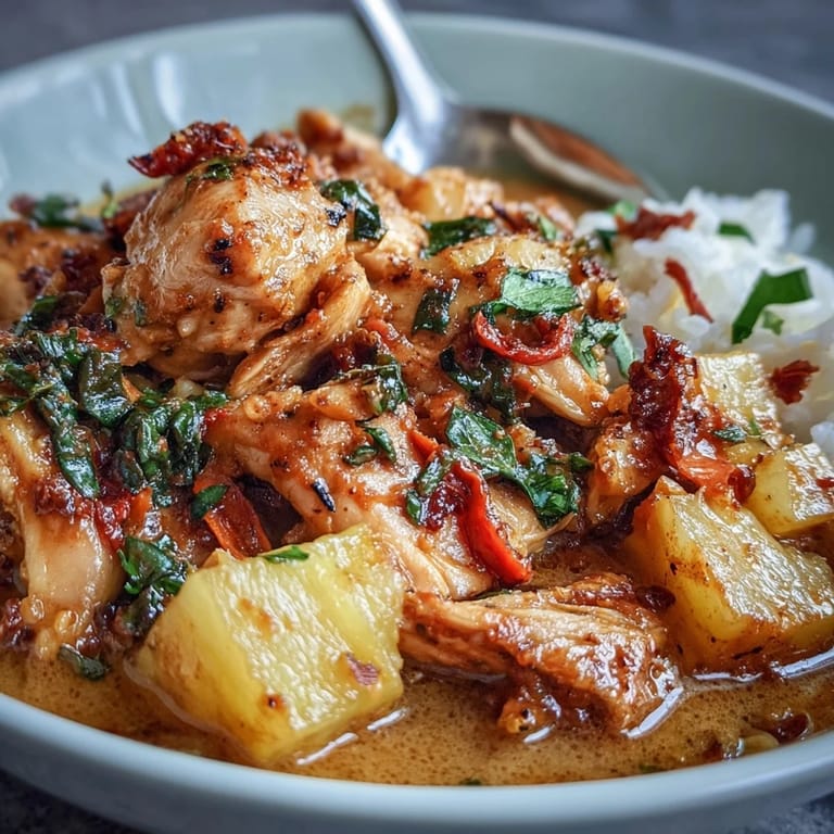 Aromatic one-pot chicken pineapple coconut curry featuring juicy chicken, golden pineapple chunks, and rich coconut milk simmered to perfection in a single pot.