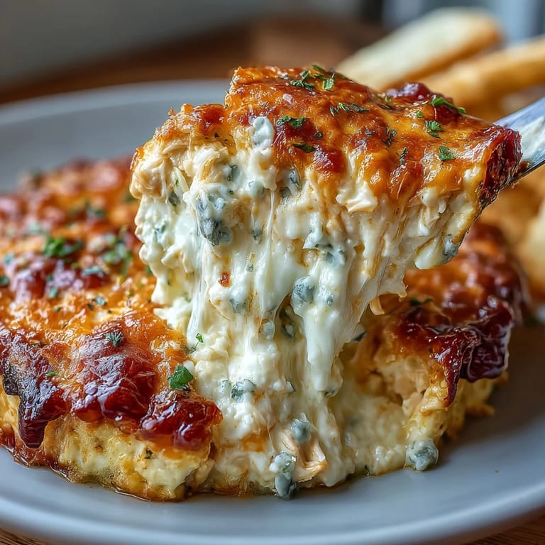 High-protein cottage cheese buffalo chicken dip served hot with celery sticks, carrot sticks, and tortilla chips for dipping.