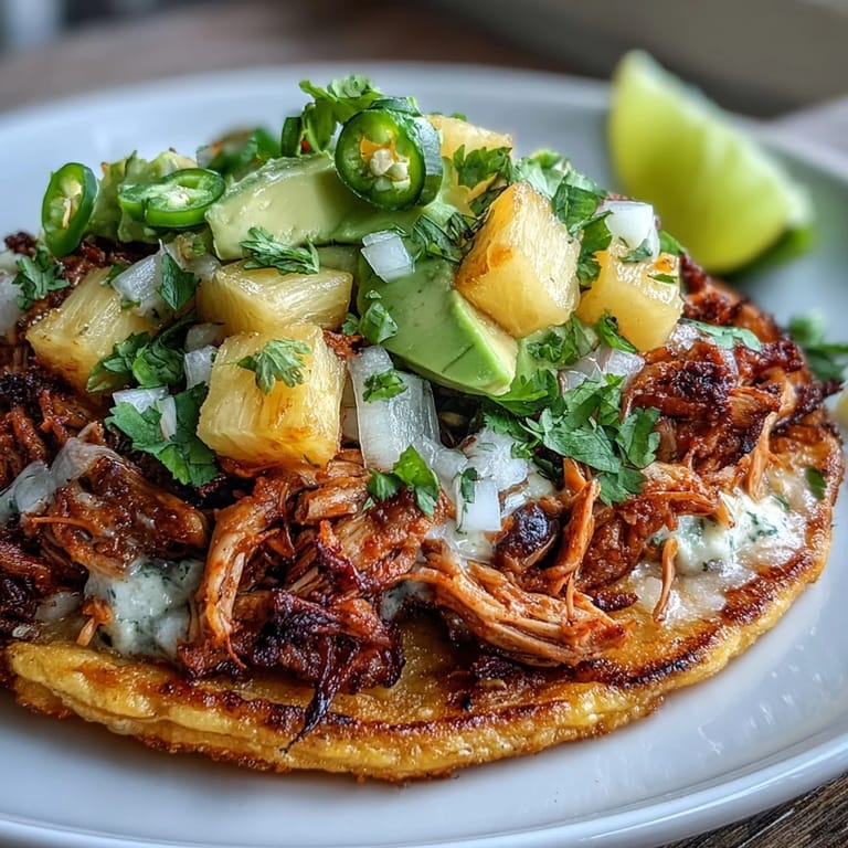 Juicy chicken and sweet pineapple salsa atop crunchy tostadas, garnished with creamy avocado slices.  