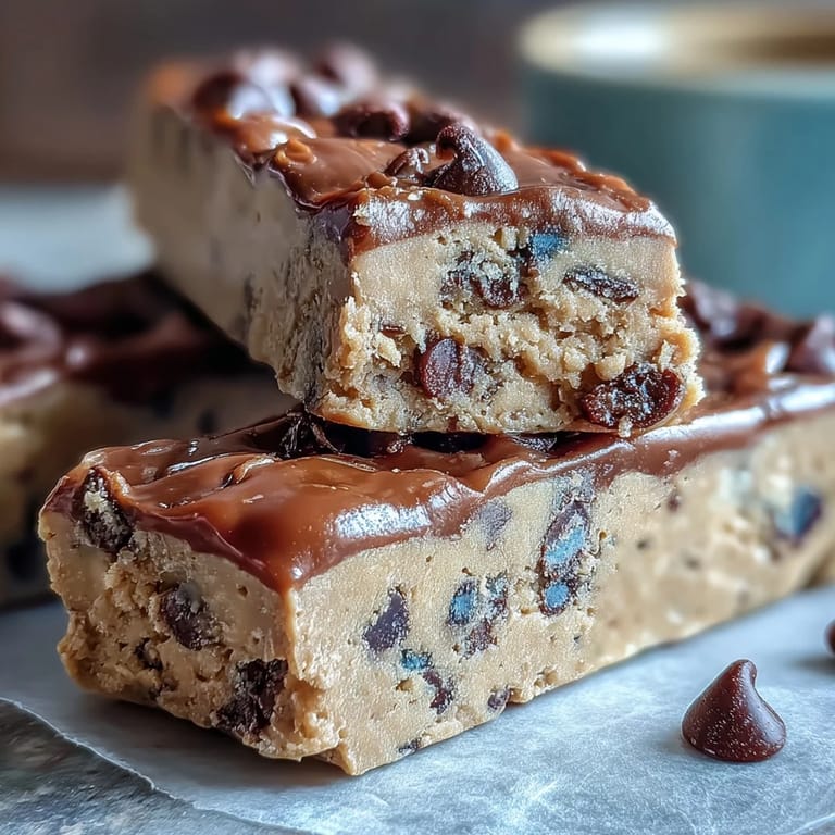 2. Chewy cookie dough protein bars made with almond butter, maple syrup, and mini chocolate chips for a healthy snack.  