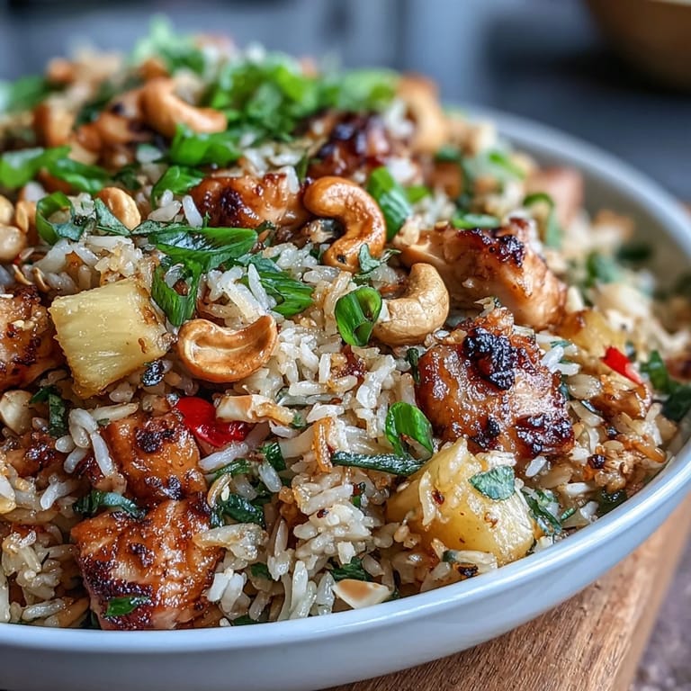 Sweet and savory pineapple chicken fried rice served in a bowl, topped with green onions and golden cashews for extra crunch.