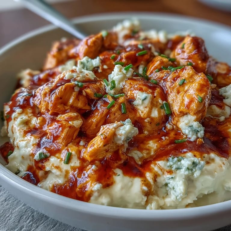Spicy and creamy cottage cheese Buffalo chicken dip featuring shredded chicken, hot sauce, and cheddar cheese, served with crunchy vegetable sticks.