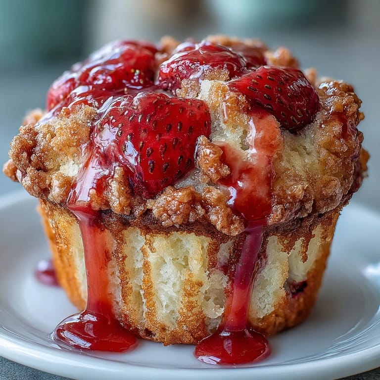 Golden-brown strawberry muffins with a glossy lemon glaze, ideal for dessert or snack time.