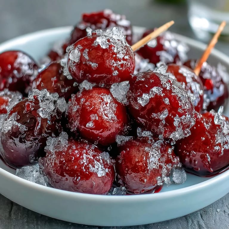 Sweet and tangy frozen grape skewers with lime sugar, perfect for a refreshing snack on a hot day.