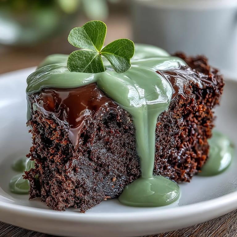 Homemade chocolate brownies cut into shamrock shapes and topped with creamy green icing for a fun St. Patrick's Day dessert.