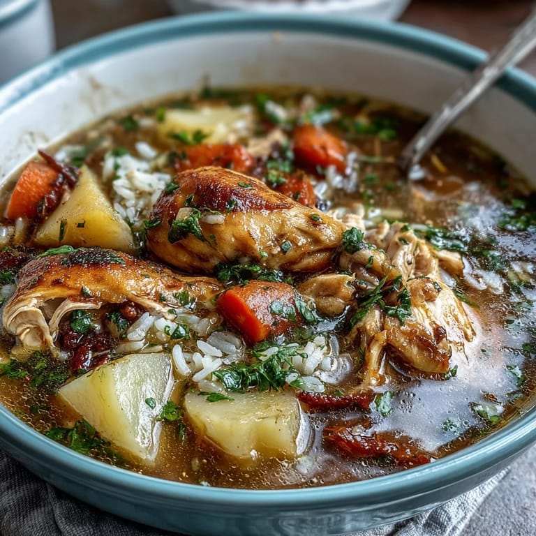 A hearty one-pot chicken and rice soup with juicy chicken pieces, diced carrots, and celery simmering in a rich, golden broth, perfect for a cozy dinner.