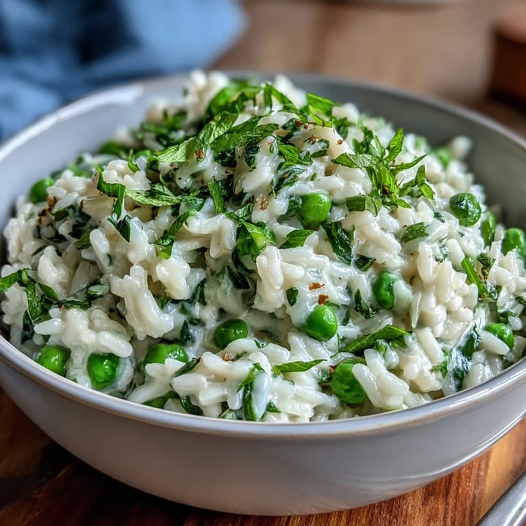 Vibrant green pea and mint risotto topped with Parmesan, showcasing a rich, creamy texture and a sprinkle of lemon zest.
