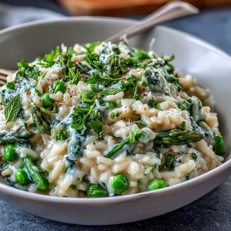 Spring dinner party pea and mint risotto, perfectly cooked Arborio rice with Parmesan, fresh peas, and a hint of mint.