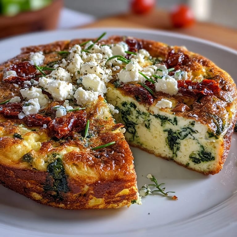 Savory baked frittata filled with wilted spinach, tangy feta, and sweet sun-dried tomatoes, served warm from the oven.  